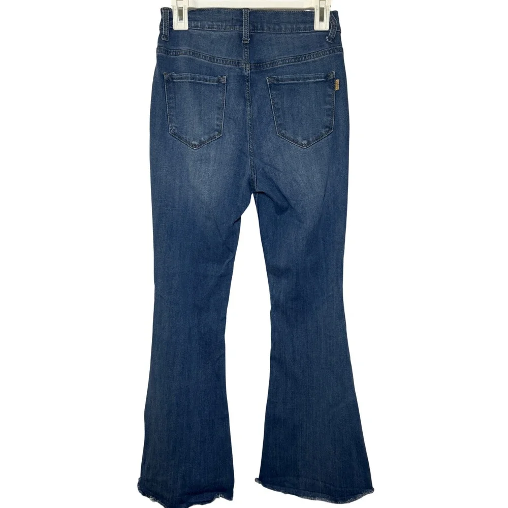 Vibrant MIU Women Blue Distressed High Rise Button Fly Flare Jeans Size 9 W28